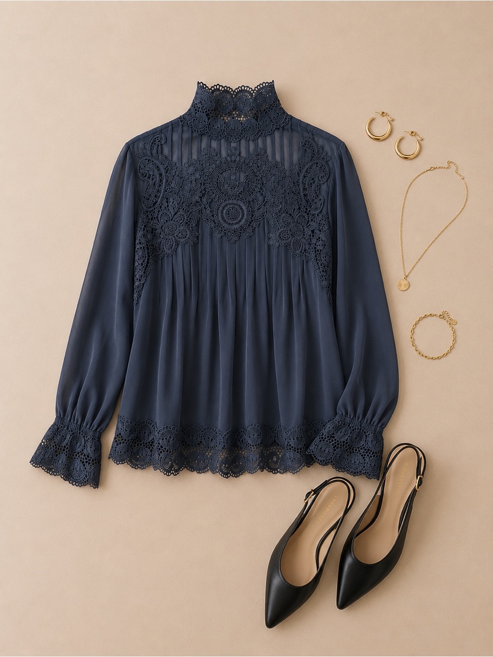 TED BAKER Lace-Yoke High Neck Blouse - Navy With Gold Button
